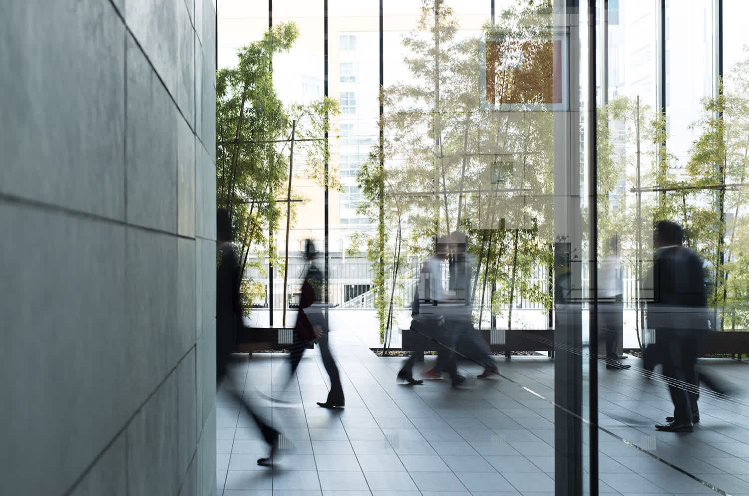 People walking through a modern building lobby with large glass windows and indoor plants, creating a blurred motion effect as natural light fills the space.