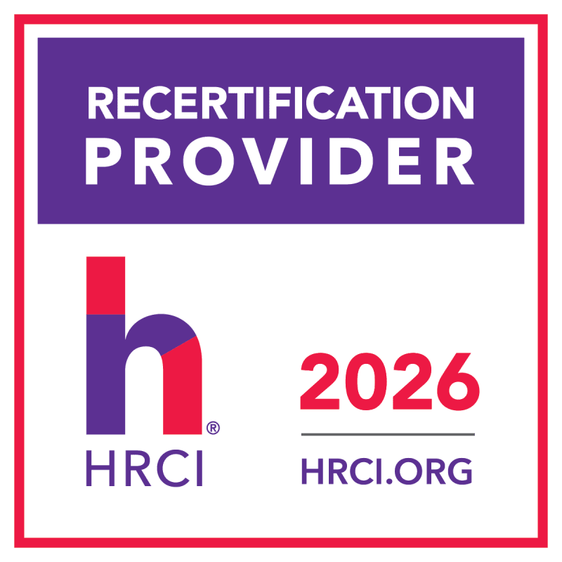 A square badge with a purple header reading Recertification Provider, the HRCI logo below, and 2026 in red, alongside HRCI.ORG at the bottom.