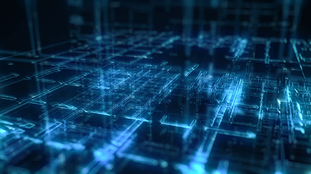 A digital abstract image showing glowing blue lines and geometric shapes, resembling a futuristic circuit board or data network on a dark background.