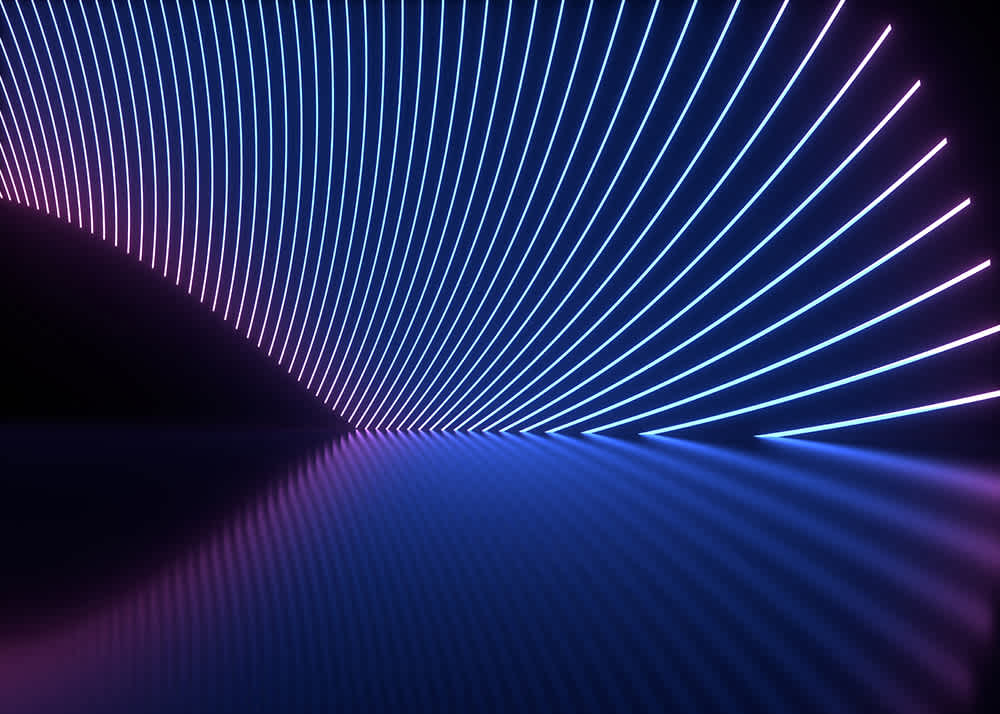 Curved lines of blue and purple neon light create an arching pattern over a reflective, dark surface, forming a futuristic, abstract scene with vibrant illumination and a sense of depth.