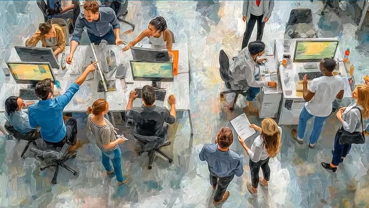 An overhead view of an office with people working at desks with computers, some standing and discussing, others sitting and typing, creating a collaborative and busy workplace atmosphere.