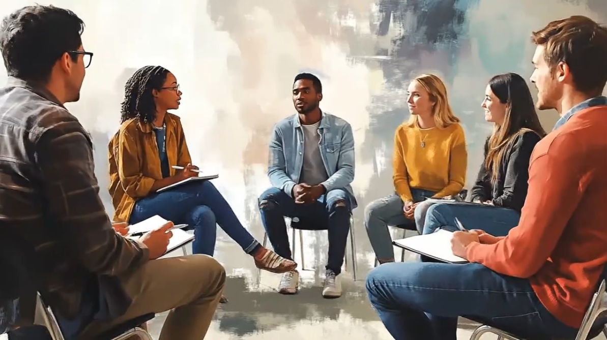 A diverse group of six people sits in a circle having a discussion. They are casually dressed and appear engaged, with some taking notes. The background is abstract with muted colors.