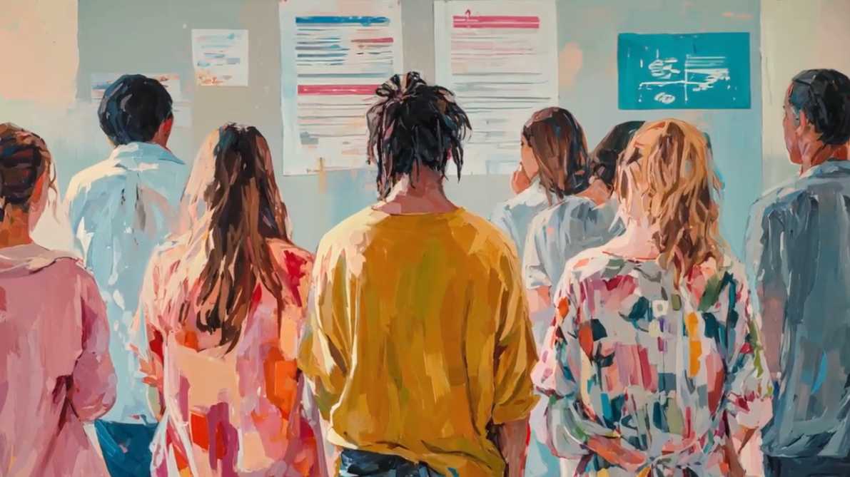 A group of people, seen from behind, stand closely together facing large posters or charts on a wall. The scene is painted in a colorful, impressionistic style.