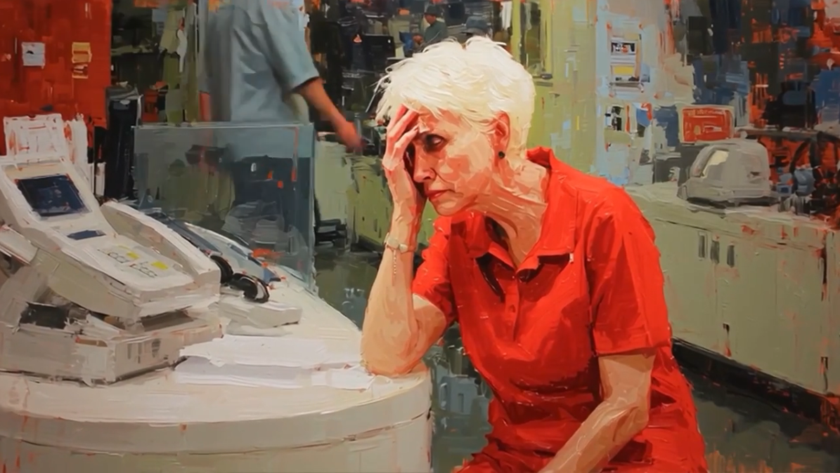 An older woman with short white hair, wearing a red shirt, sits at a desk with her hand on her forehead, appearing stressed. Office equipment and another person are visible in the busy, blurred background.