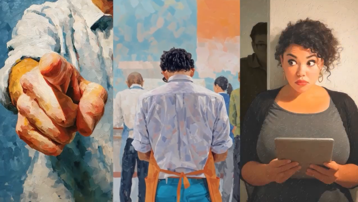 A triptych shows a painted close-up of a pointing hand, a person in an apron facing away working with others, and a woman with curly hair holding a tablet, looking to the side with a surprised expression.