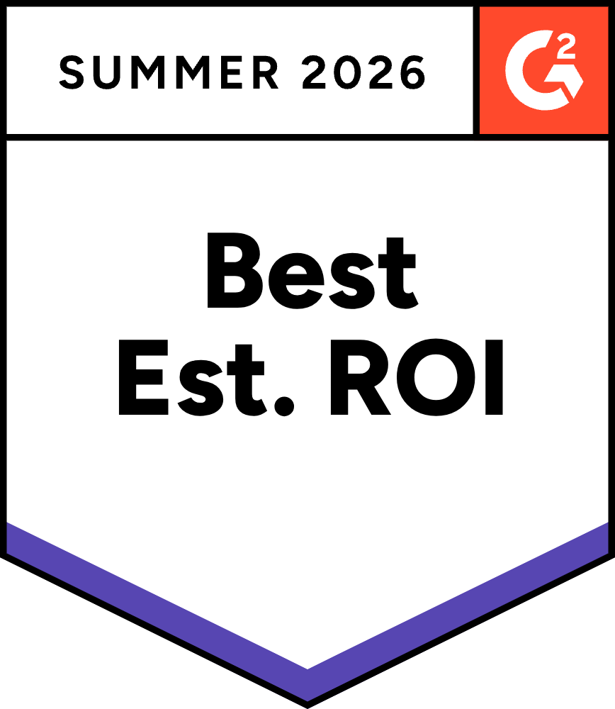 A badge with the G2 logo and the text Summer 2026 Best Est. ROI in bold black letters, featuring a purple chevron at the bottom.