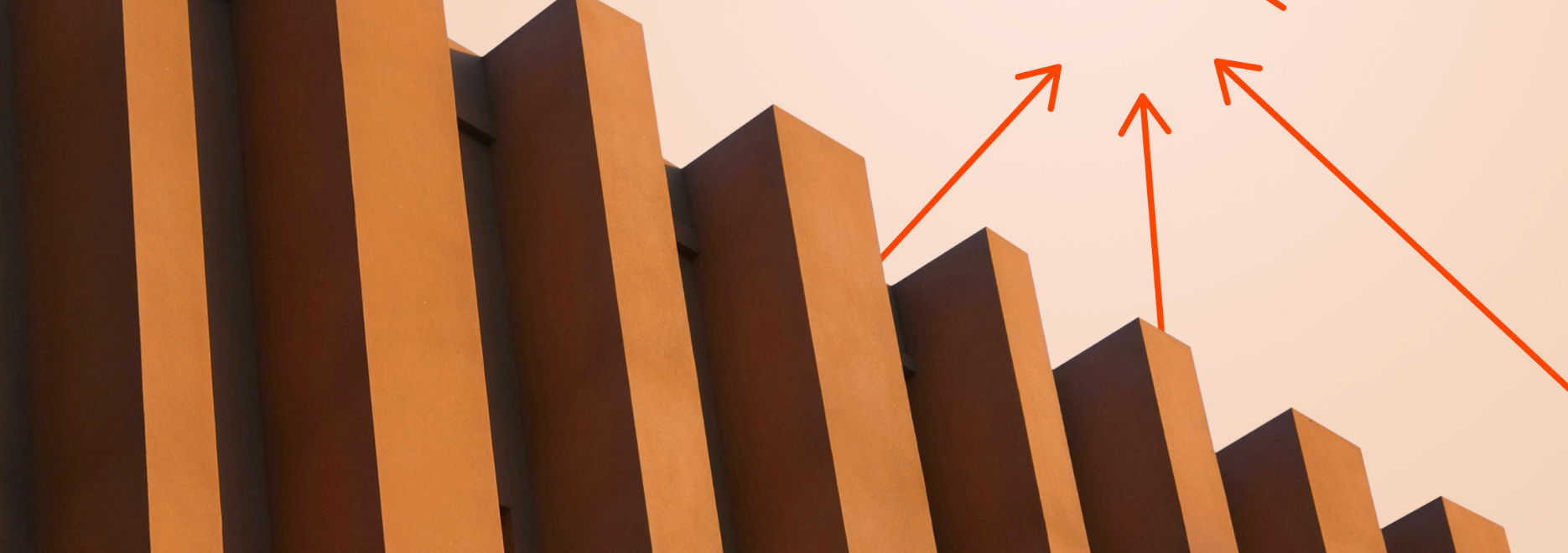 A row of vertical, brown, rectangular columns with orange arrows pointing upward toward the sky, against a soft beige background.