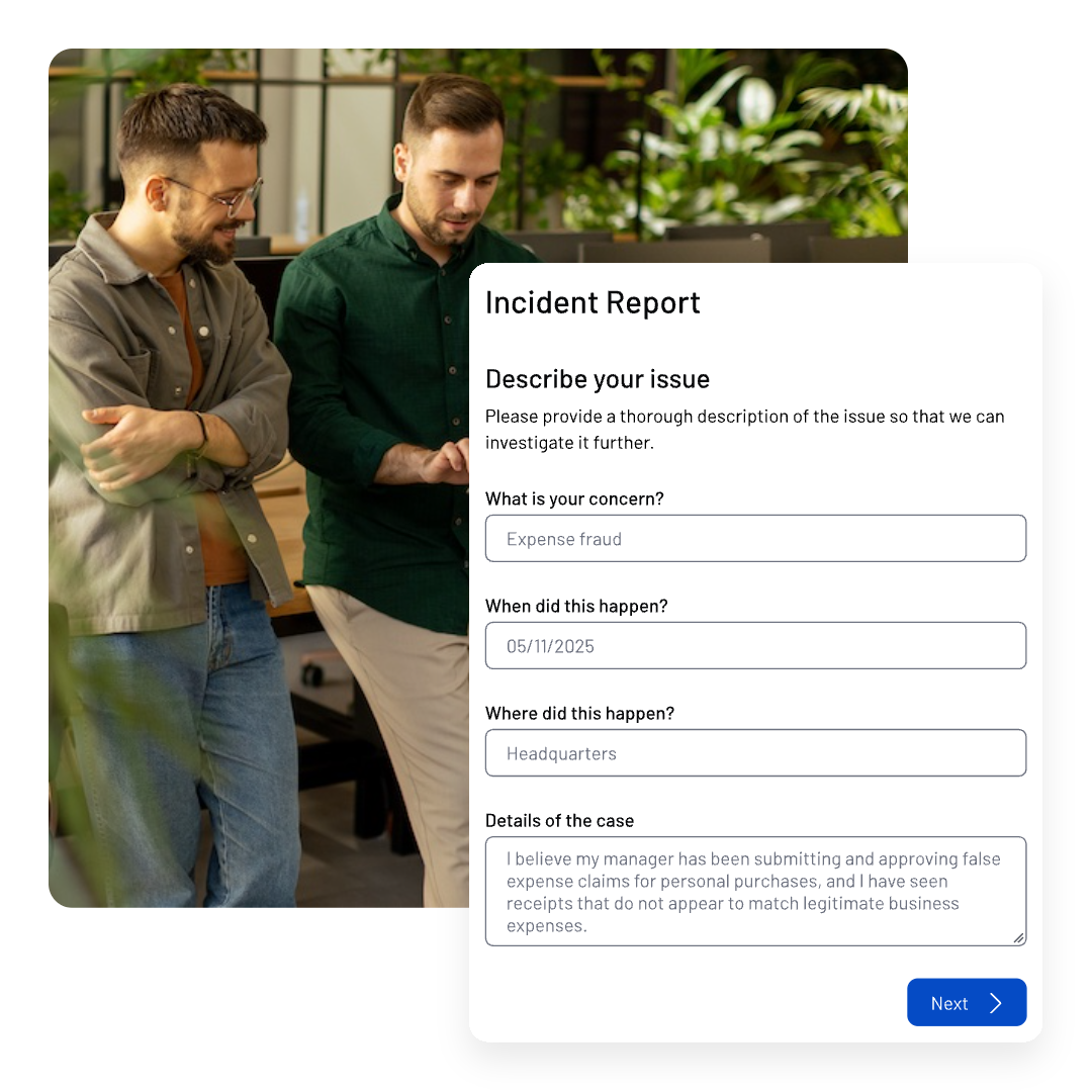 Two men stand together looking at a tablet, while a WhistleB by NAVEX incident report form on the right asks about an expense fraud case with fields for concern, date, location, and case details filled out.
