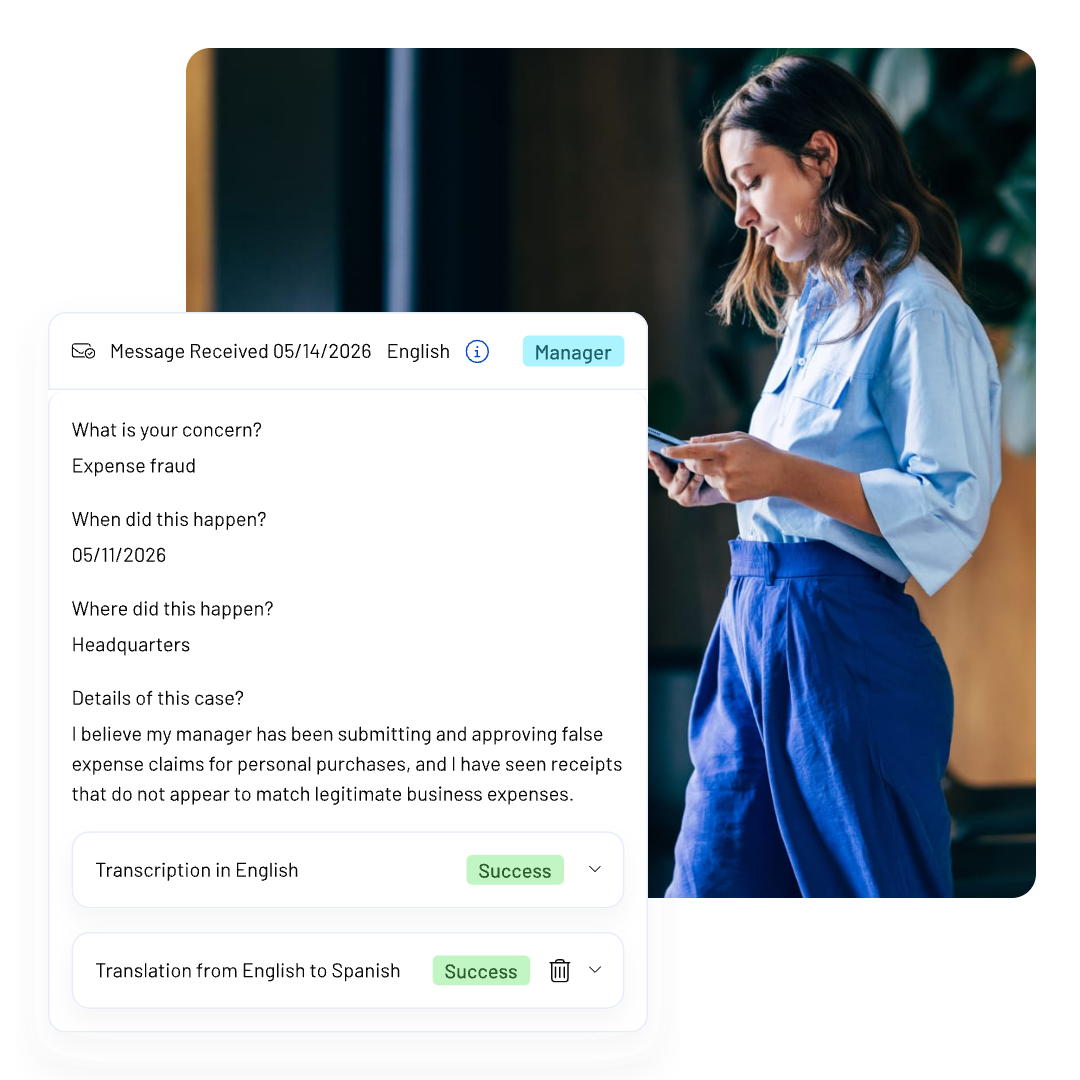 A woman in a blue outfit looks at her phone. Beside her, a WhistleB by NAVEX chat interface shows a report about expense fraud, detailing a concern submitted on 05/14/2026 and mentioning translation and transcription options.
