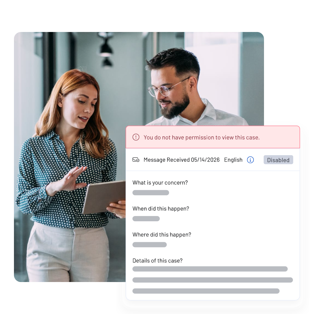 A woman holding a tablet talks to a man with glasses. Overlaid is a view of WhistleB by NAVEX pop-up message that says, “You do not have permission to view this case,” with grayed-out case details and disabled content.