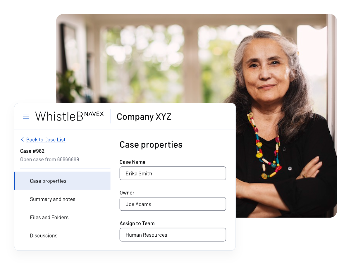 A woman with long gray hair and a black top stands with folded arms, smiling. In the foreground, a computer screen shows a whistleblowing case management interface labeled “WhistleB NAVEX” with case details.
