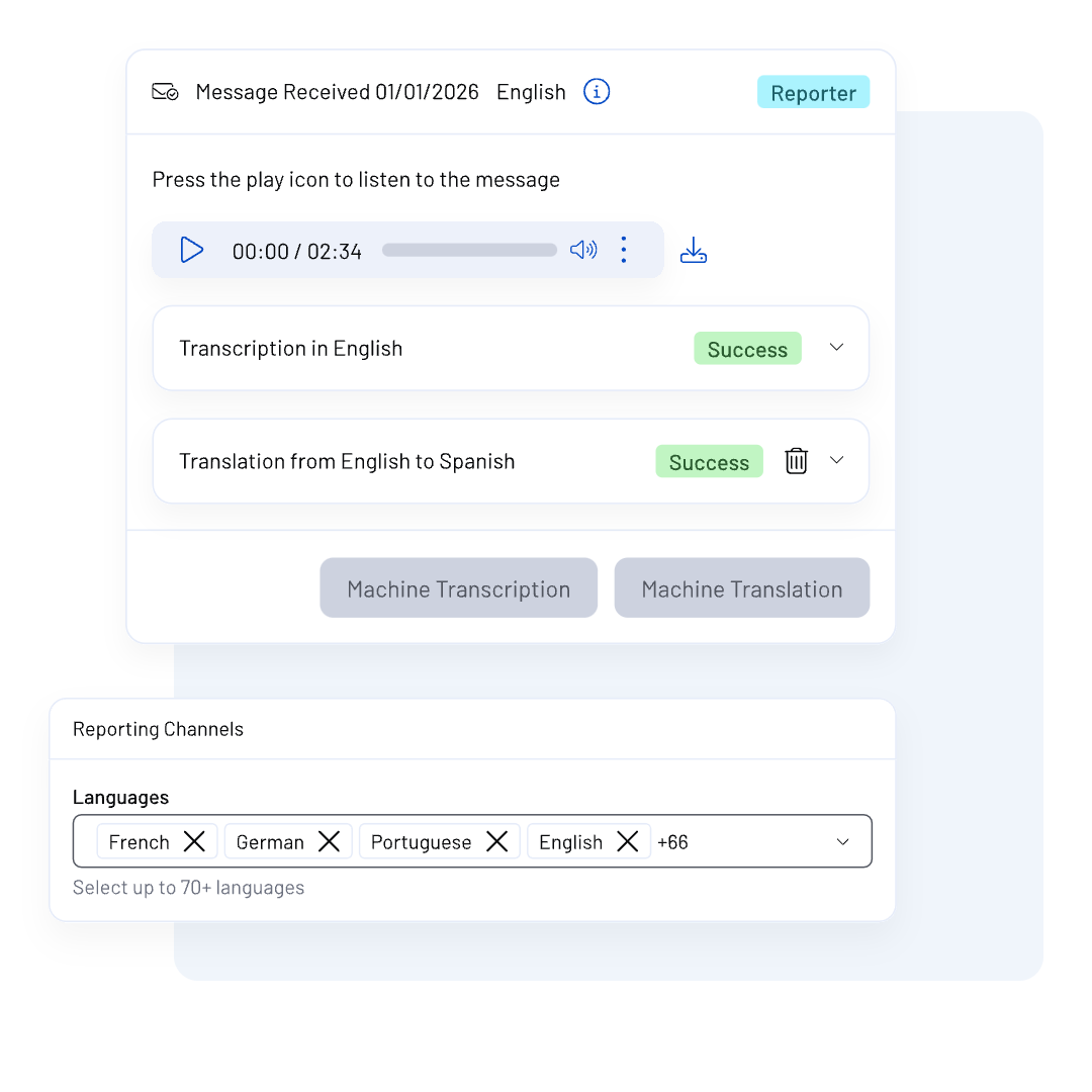 A WhistleB by NAVEX screen shows a message transcription interface showing audio playback, English transcription and Spanish translation, both marked Success, and language options including French, German, Portuguese, and English.