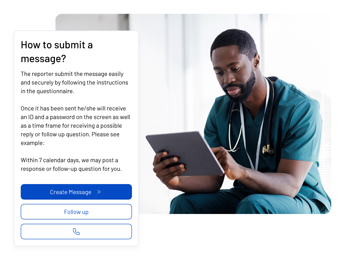 A male healthcare professional in green scrubs, with a stethoscope around his neck, sits and uses a tablet. On the left, a WhistleB employee reporting portal screen shows how to submit a message, with Create Message and Follow up buttons below.