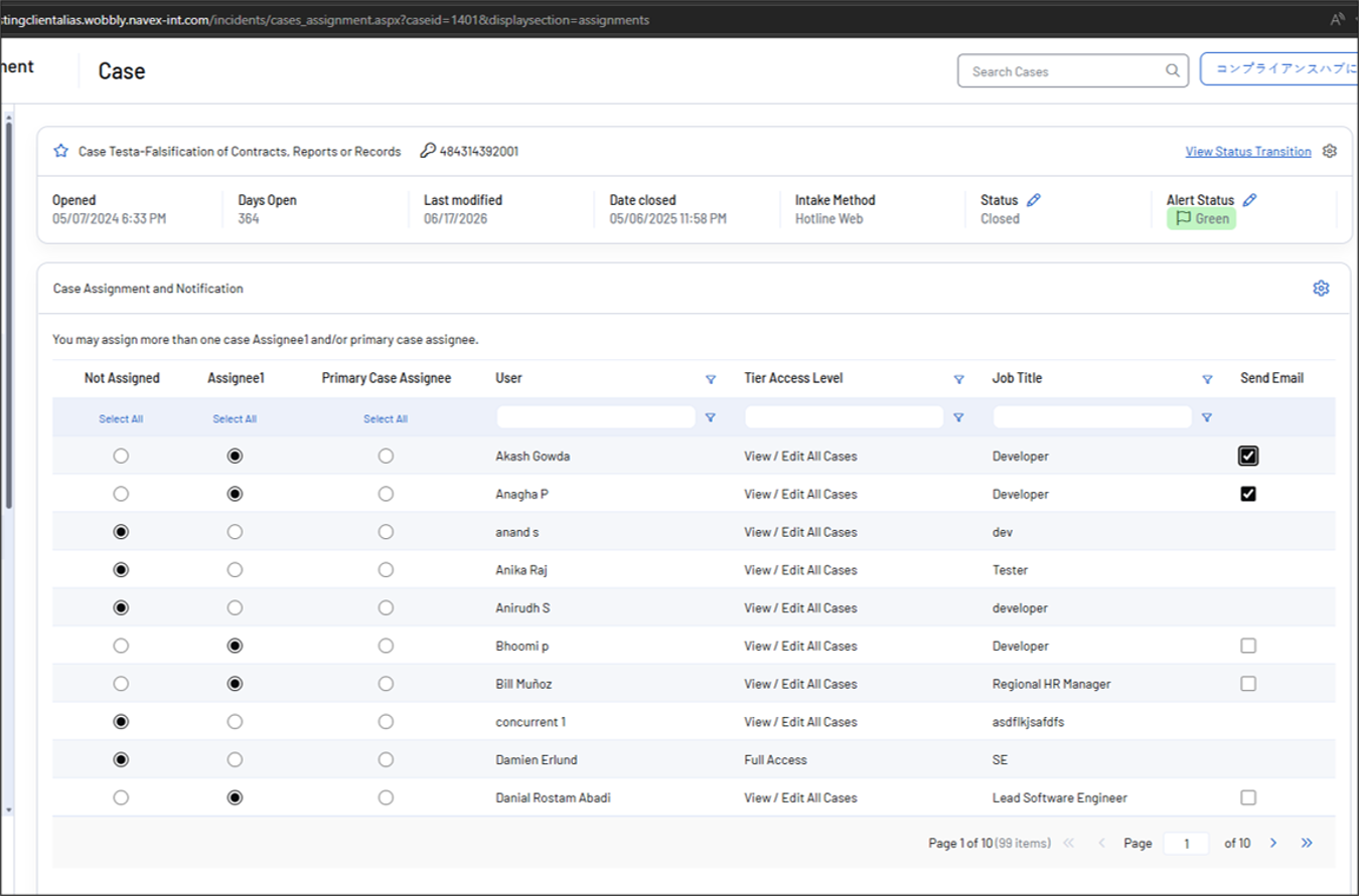A case assignment dashboard displays a table with assignee names, user roles, access levels, and job titles. Radio buttons allow selection for primary case assignee. Filters and case details appear at the top.