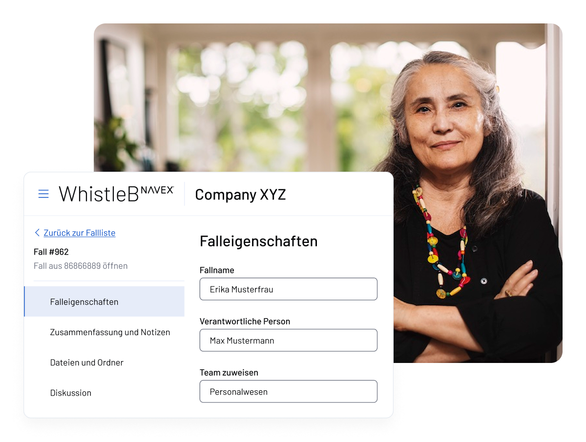 A woman with gray hair stands near a window, smiling gently. In the foreground, a WhistleB by NAVEX screen displays a case management interface with German text and details about a specific case.