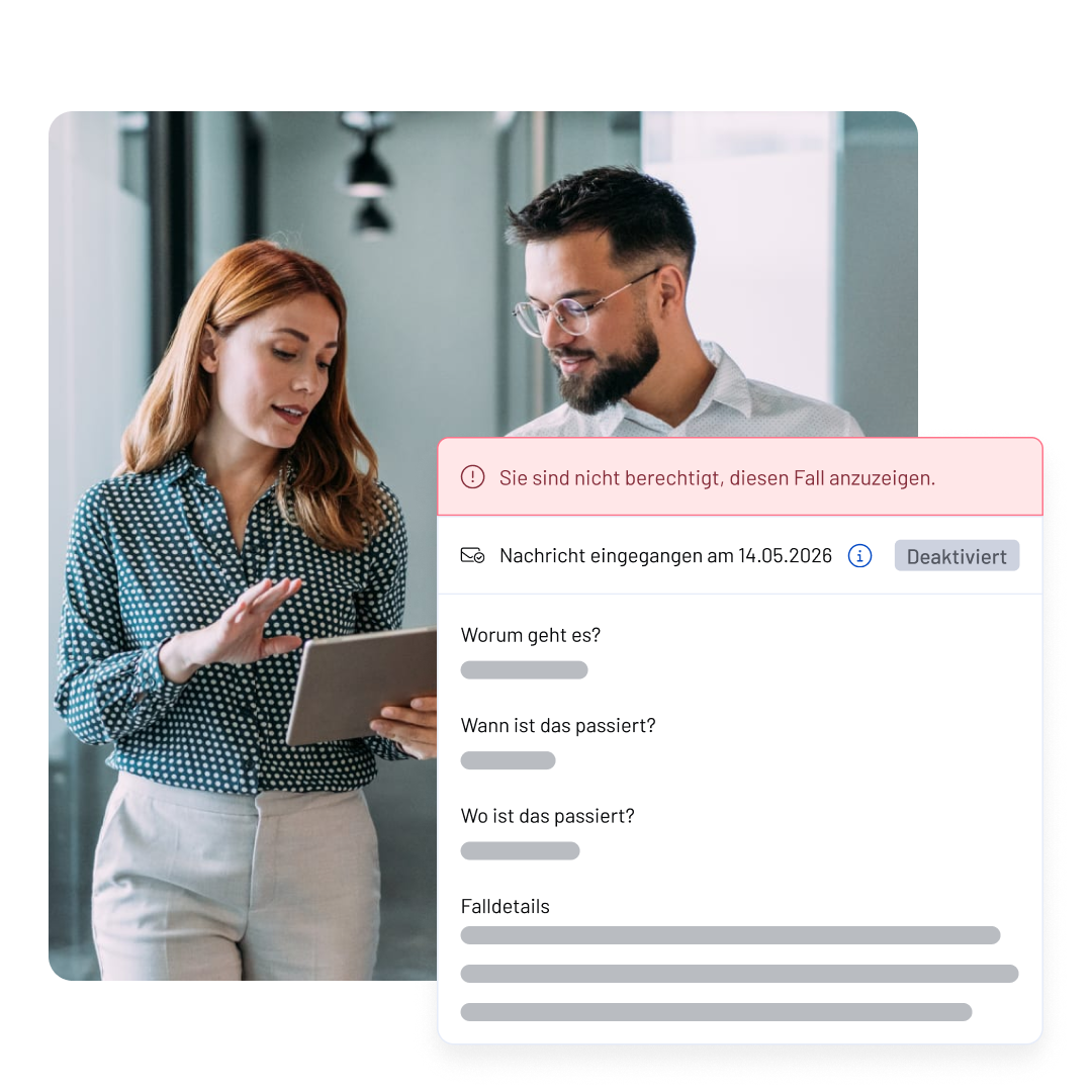 A woman holding a tablet talks to a man. In the foreground, a German notification from WhistleB by NAVEX says access to a case is denied, along with a message dated 14.05.2026 and a list of questions about the case.