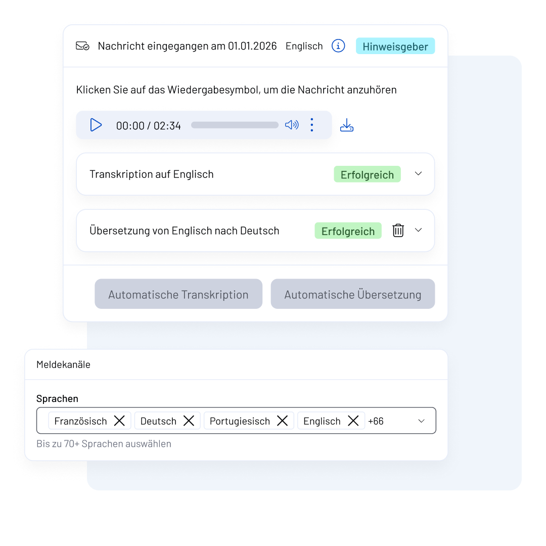 A WhistleB by NAVEX interface displays transcription and translation options, with text in German and English. Statuses show Erfolgreich (successful). Language selection includes French, German, Portuguese, English, and 66+ more.