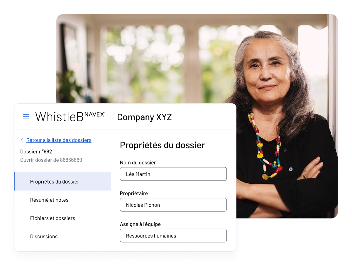 An older woman with gray hair and a colorful necklace stands with arms crossed. A WhistleB by NAVEX form in French titled Propriétés du dossier is displayed in the foreground.