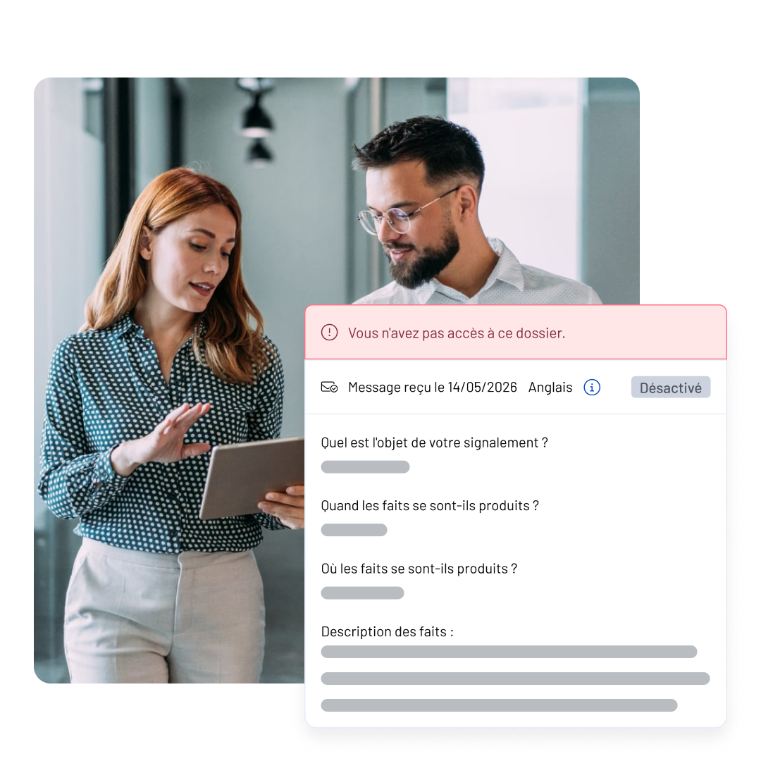 A woman holding a tablet talks to a man while standing in a hallway. Overlaid on the photo is a WhistleB by NAVEX form in French with fields about a report, including date, location, and description of facts.