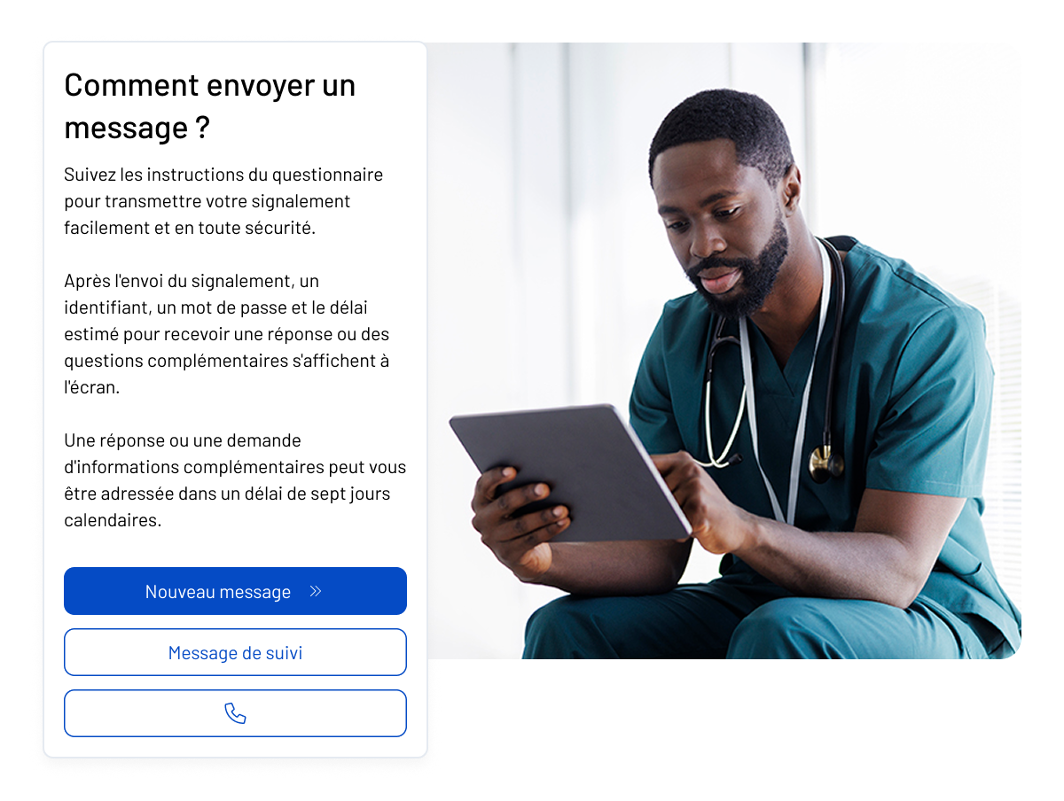 A male healthcare professional in green scrubs and a stethoscope uses a tablet. On the left, French instructions explain how to send a message to WhistleB by NAVEX, with blue buttons for Nouveau message and Message de suivi.