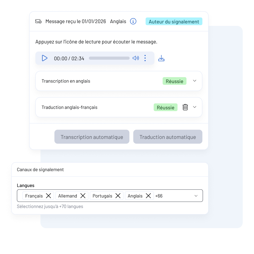 A WhistleB by NAVEX message interface showing a received audio message with transcription and translation features in English and French. Language options include French, German, Portuguese, English, and more.