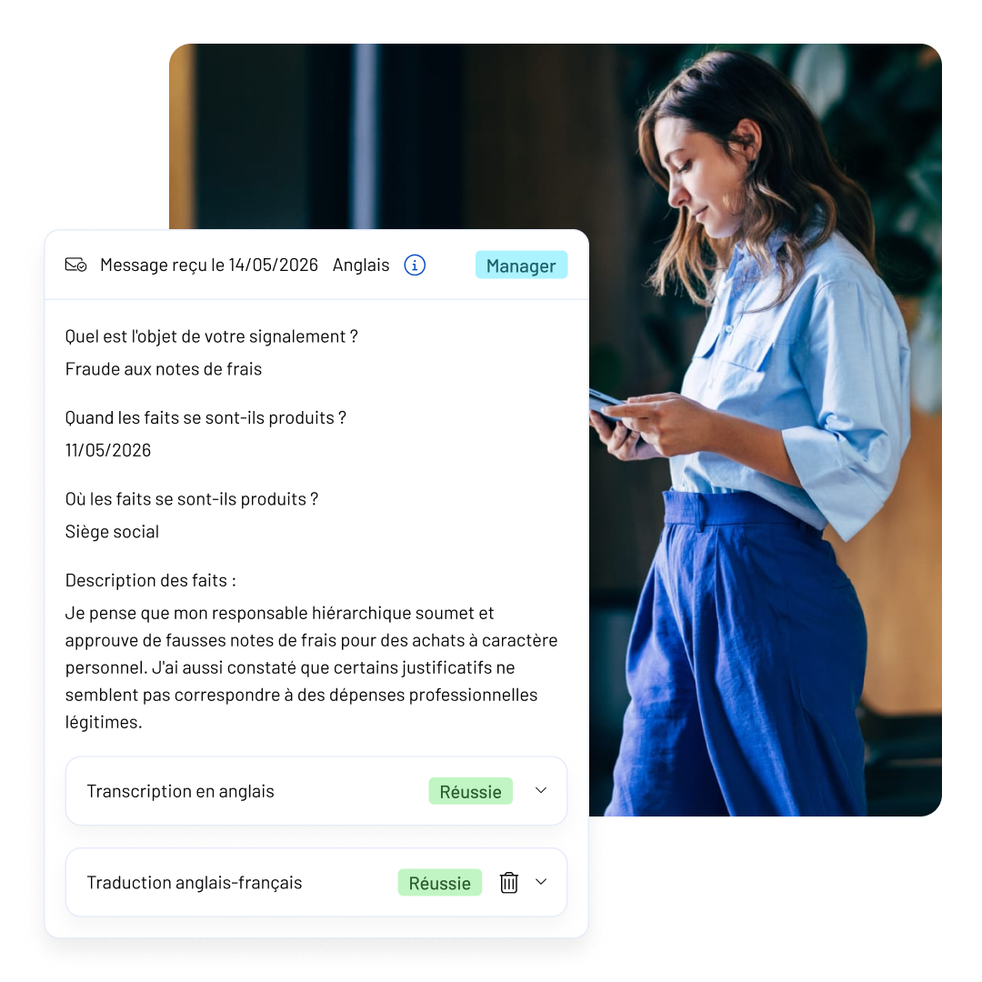 A woman stands and looks at her phone. Next to her, a chat window for WhistleB by NAVEX displays a message in French about reporting suspected fraud related to expense reports, including options for transcription and translation.