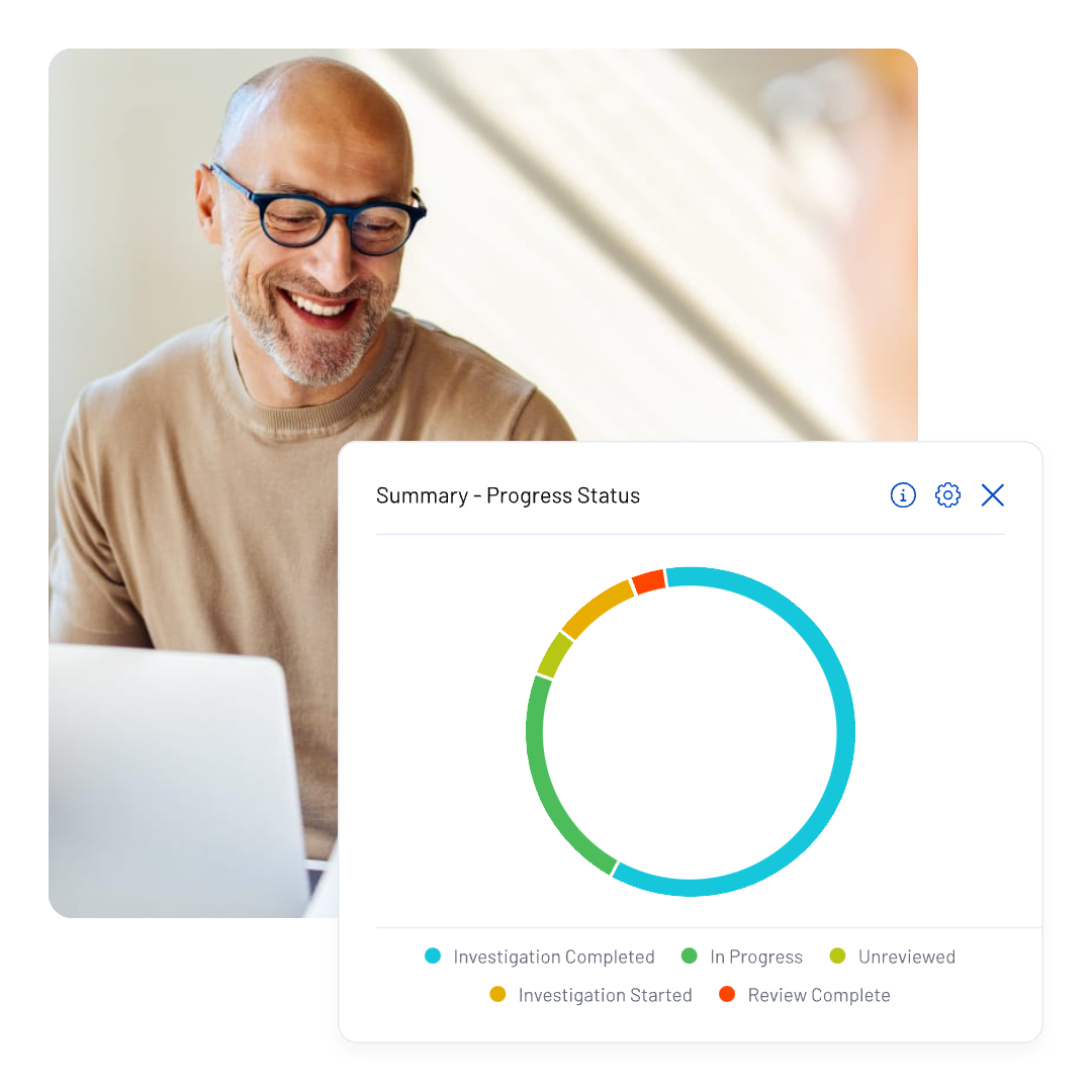 Smiling man with glasses sits near a window. In front, a circular progress chart from NAVEX EthicsPoint Professional shows five status segments: Investigation Completed, In Progress, Unreviewed, Investigation Started, and Review Complete.