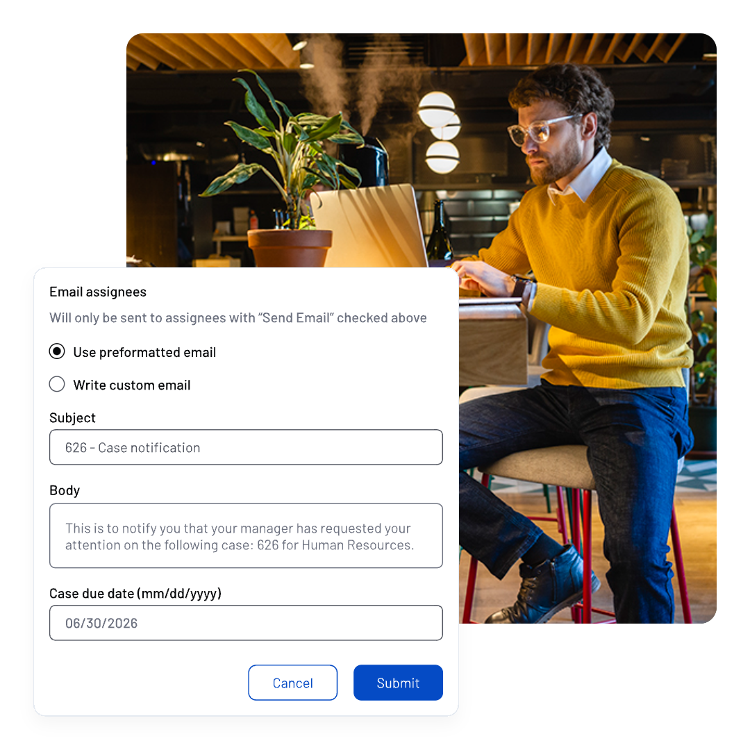 A man in a yellow sweater sits with a laptop at the bar of a restaurant before opening hours. In the foreground, a form from NAVEX EthicsPoint is visible for sending a case notification email about human resources, with fields for subject, body, and case due date.