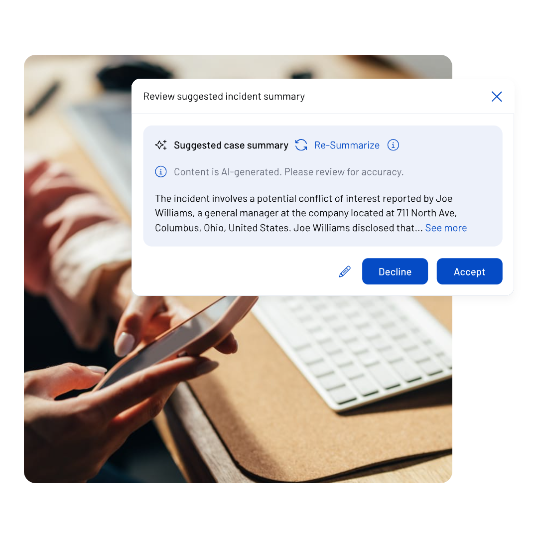 A screen from NAVEX EthicsPoint shows a suggested case summary about a potential conflict of interest, with Decline and Accept buttons. A persons hand is visible near a keyboard and a notepad.