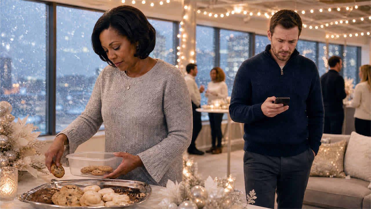 A woman places cookies in a container while a man checks his phone at a holiday party in a festive, snow-filled room with other people chatting in the background.