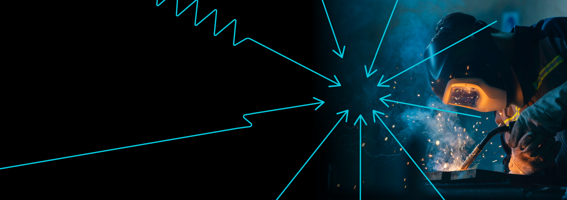 A person wearing protective gear welds metal, producing bright sparks and smoke. Blue lines and arrows on a black background converge toward the welder, drawing attention to the action.