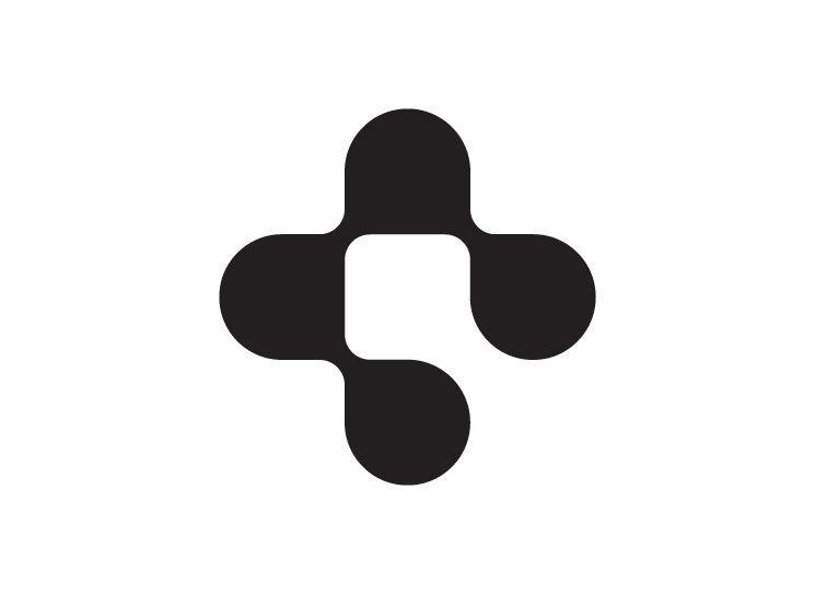 A black abstract geometric shape with four rounded segments forming a cross around a central square on a light gray background.