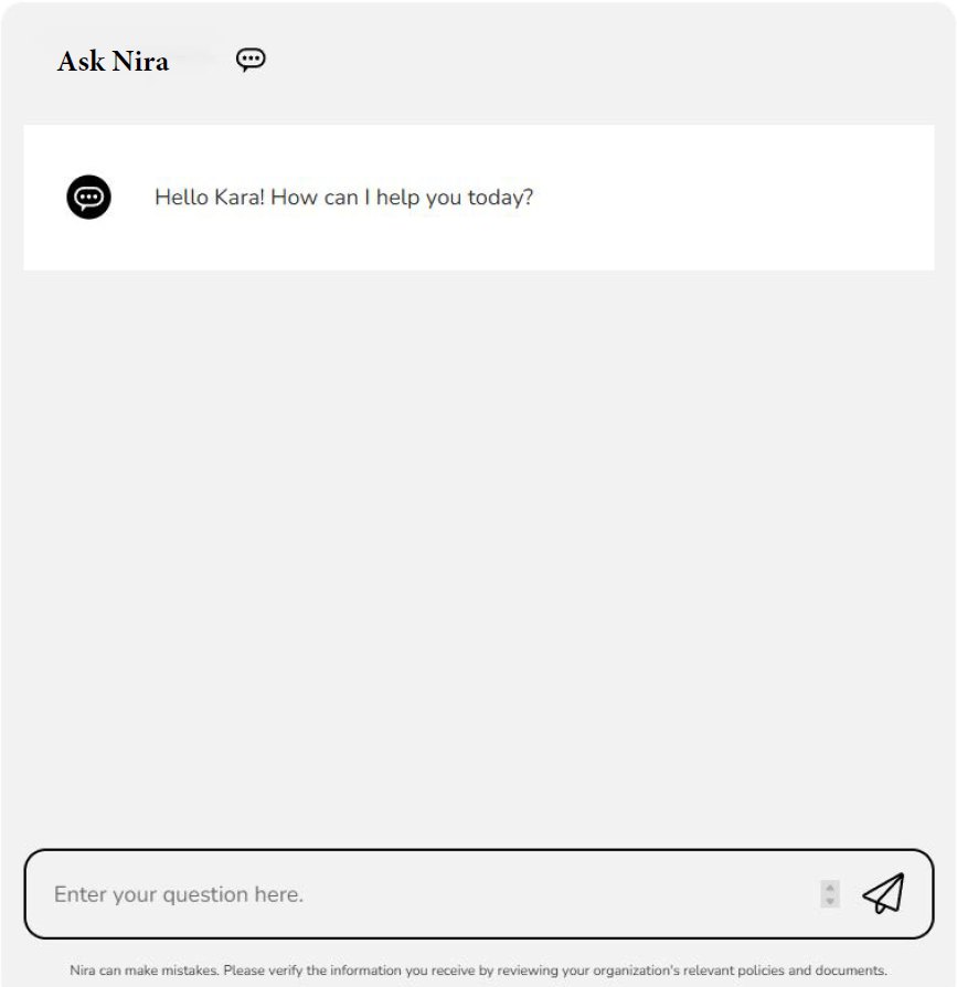 A chatbot window titled Ask Nira greets the user with Hello Kara! How can I help you today? and displays a text box to enter a question.