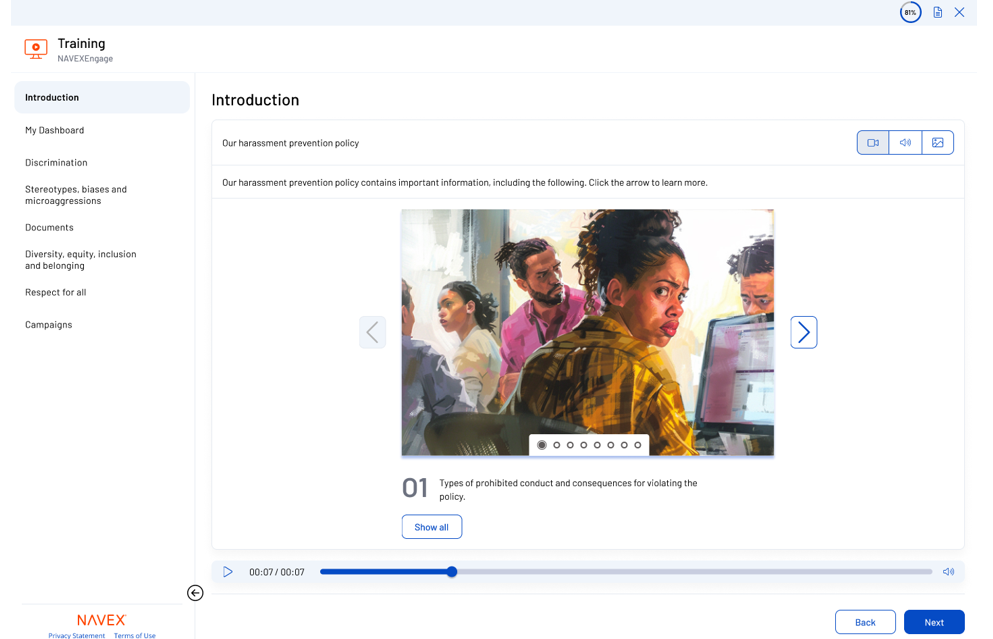 Screenshot of a harassment prevention training module showing an introduction slide with an illustration of concerned coworkers in an office. Navigation and progress controls are visible at the bottom and sides.