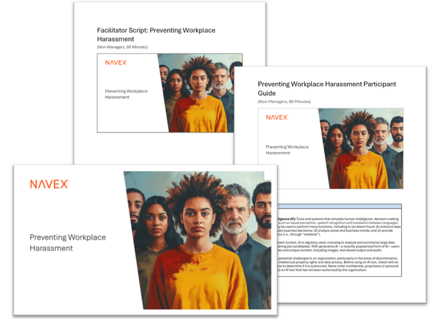 Three workplace harassment training materials with the same cover image: a diverse group of serious-looking people. Titles include Facilitator Script, Participant Guide, and Preventing Workplace Harassment. NAVEX logo is visible.
