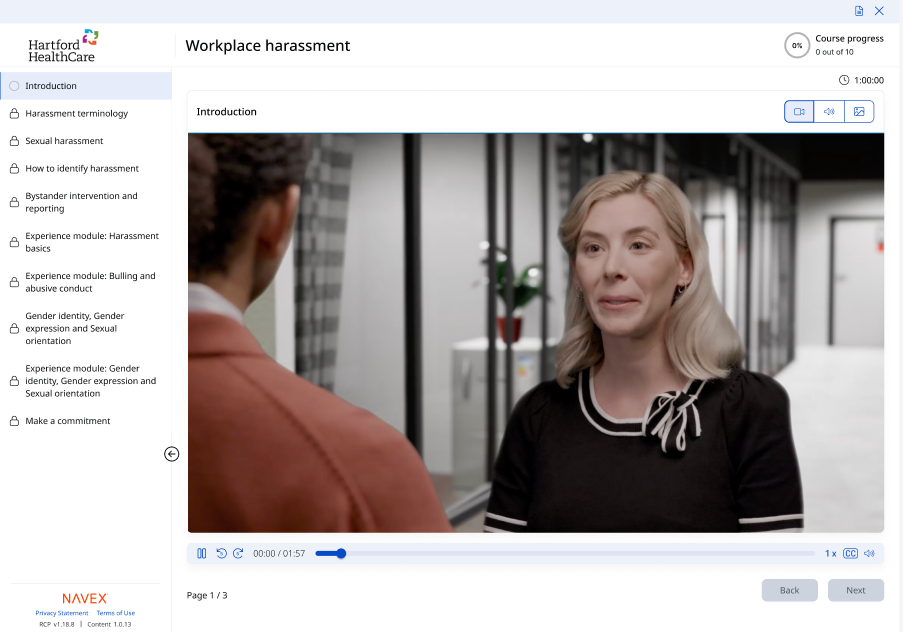 Three workplace harassment training materials with the same cover image: a diverse group of serious-looking people. Titles include Facilitator Script, Participant Guide, and Preventing Workplace Harassment. NAVEX logo is visible.