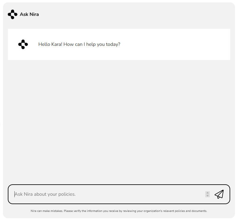 A chatbot window titled Ask Nira greets the user with Hello Kara! How can I help you today? and displays a text box to enter a question.
