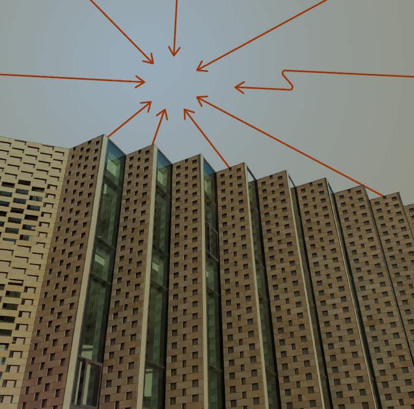 Brown modern building with a grid-like brick facade and tall windows, against a gray sky. Red arrows are drawn from various directions, all pointing to a central spot above the building.