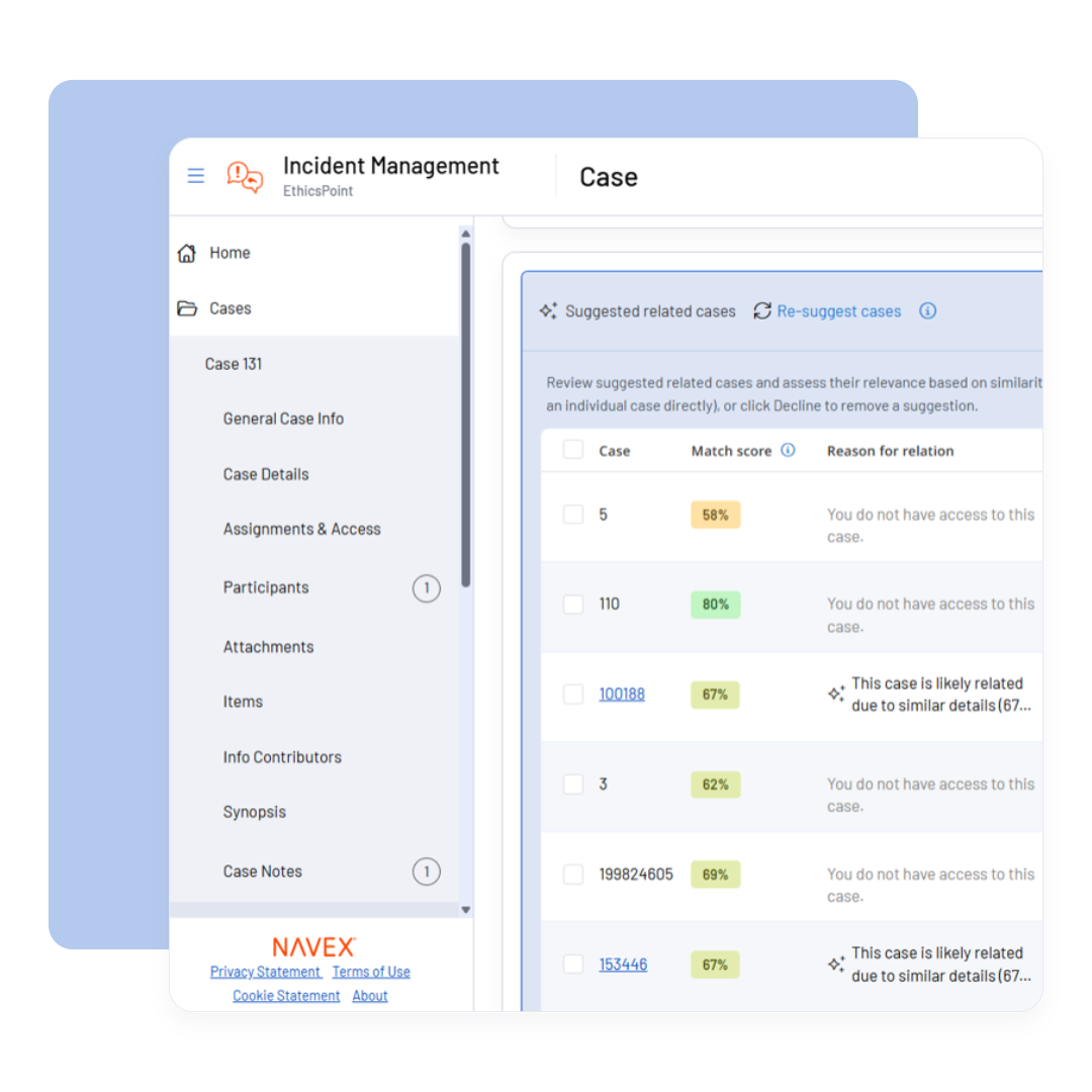 NAVEX EthicsPoint Professional software interface displays an incident management system with case details listed on the left and suggested related cases with match scores on the right.