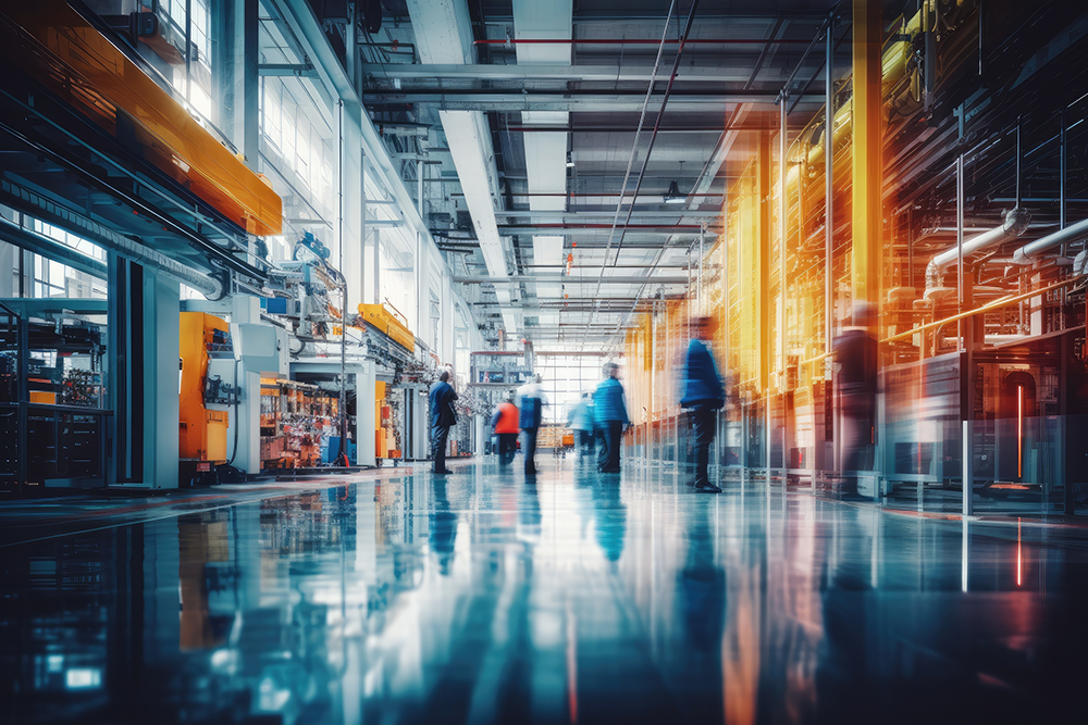 A modern factory interior with bright lighting, reflective floors, machinery, and blurred figures of people walking, suggesting movement and industrial activity.