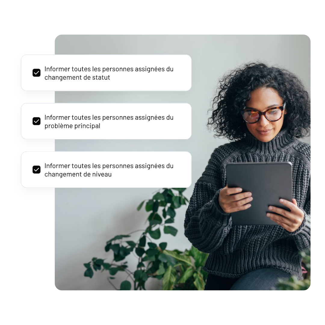A woman with curly hair and glasses uses a tablet, sitting near a plant. Three French notification boxes from NAVEX EthicsPoint Professional appear beside her, each with a checkmark, about informing assigned people of status, issue, or level changes.