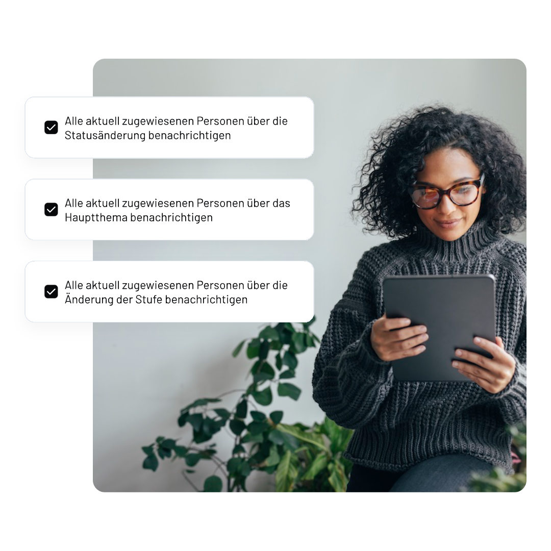A woman with curly hair and glasses sits indoors, smiling while using a tablet. Three German notification messages from NAVEX EthicsPoint Professional  are displayed on the left side of the image.
