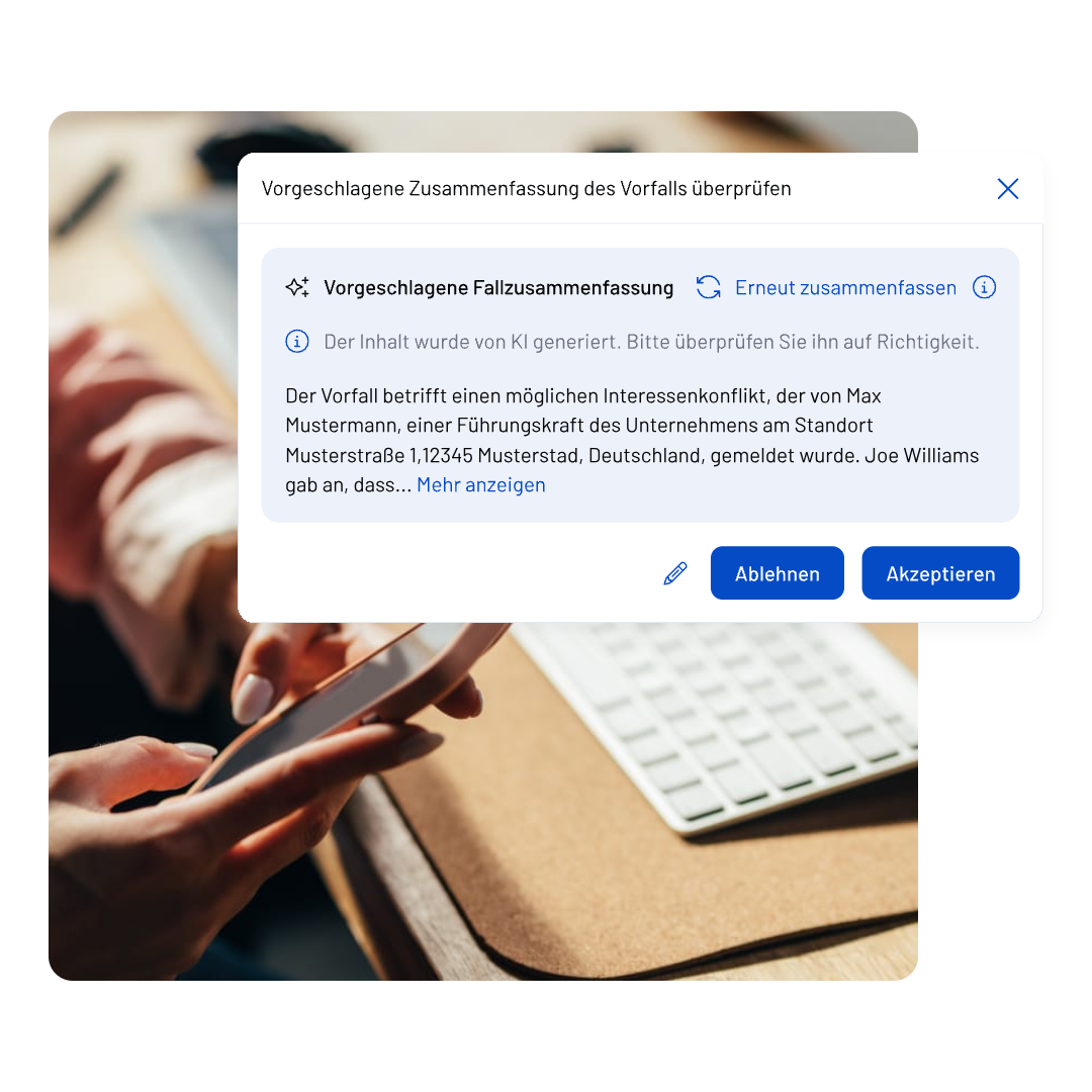 A person types on a smartphone at a desk with a keyboard. A pop-up on the screen from NAVEX EthicsPoint Professional displays a German text about an AI-generated incident summary with options to accept or decline.