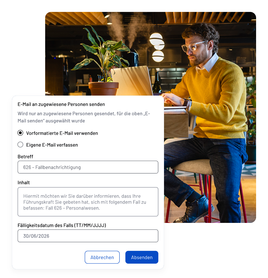 A man in a yellow sweater sits at a laptop in a modern office. On screen, an email form from NAVEX EthicsPoint Professional Admin settings is filled out with fields for subject, content, and due date. The email is about a case notification due 30/06/2026.