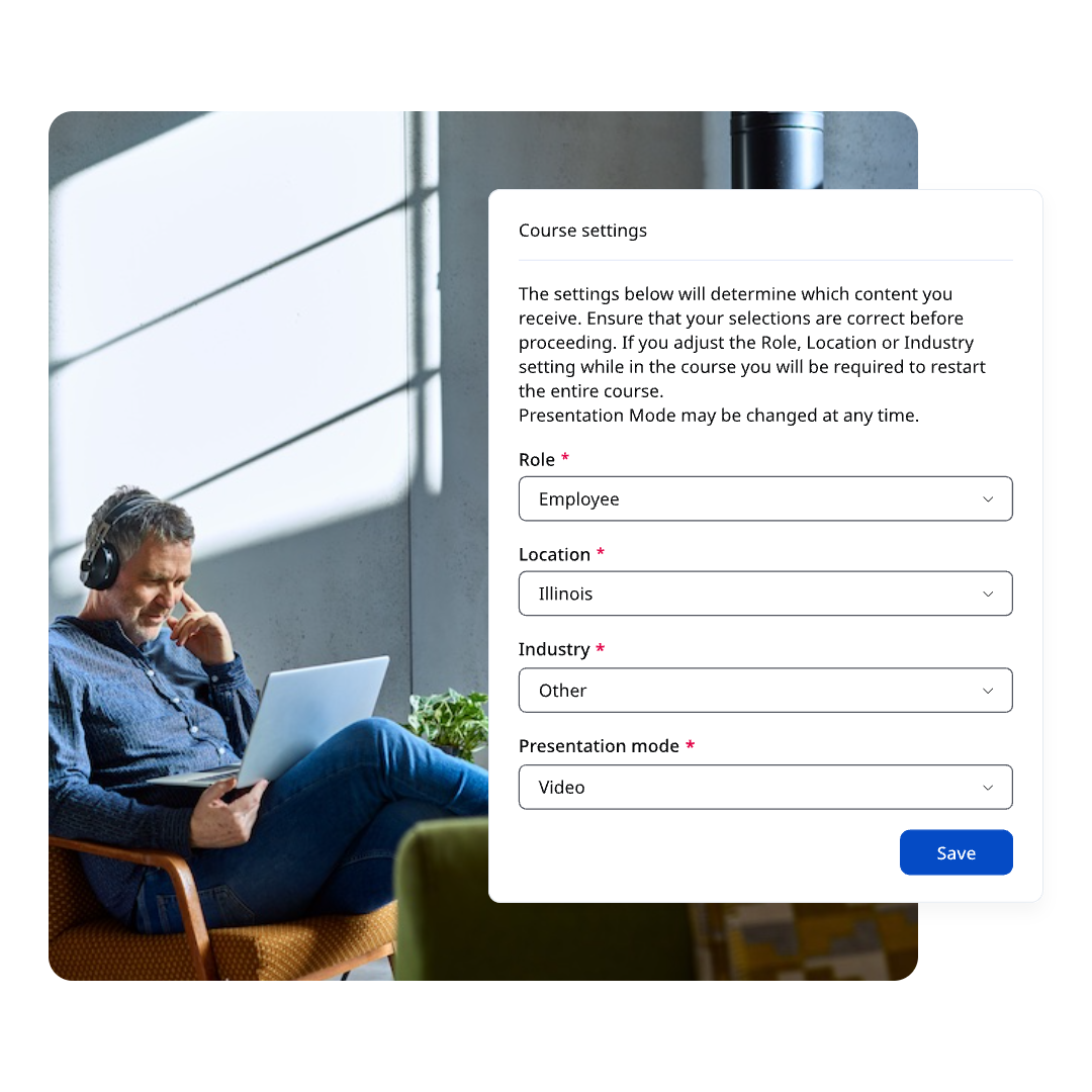 A man wearing headphones sits on a chair with a laptop. A NAVEX Ethics & Compliance Training course settings window is on screen, showing dropdowns for role, location, industry, and presentation mode, plus a blue Save button.