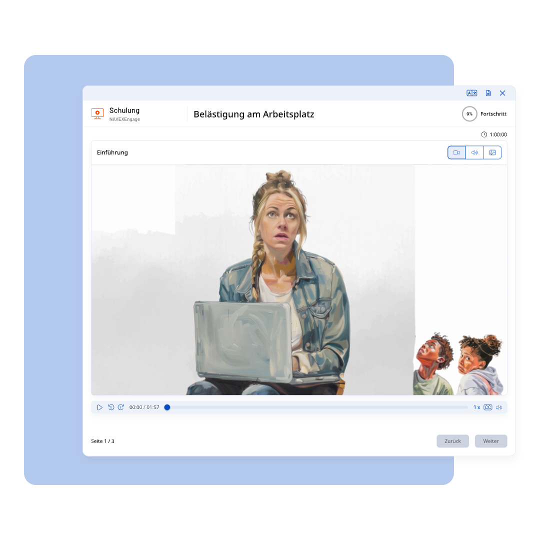 Screen of a NAVEX Ethics & Compliance Training course module titled Belästigung am Arbeitsplatz with an illustration of a concerned woman using a laptop and two people talking in the background. There are navigation and progress buttons visible.