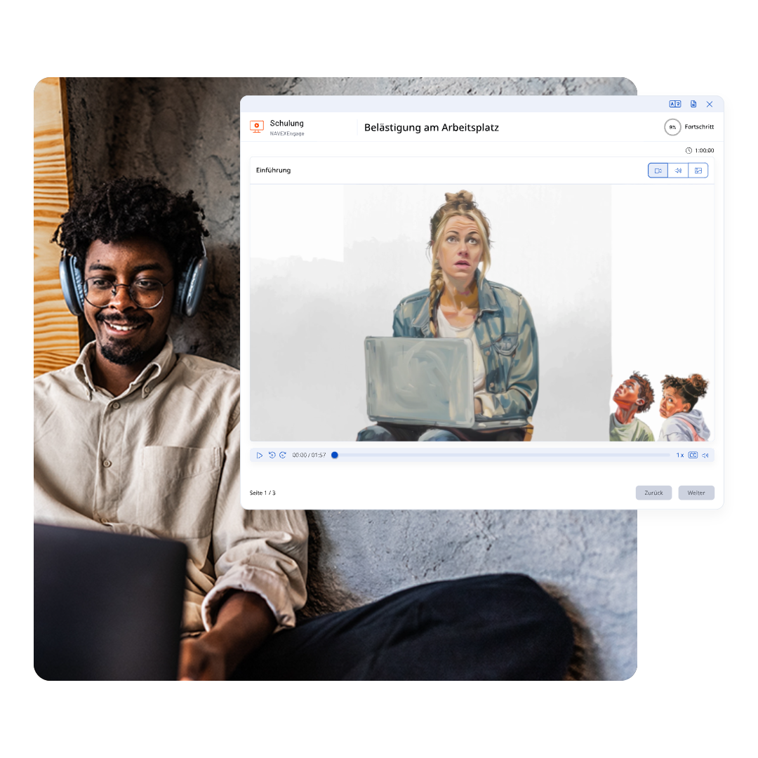A man wearing headphones smiles at a laptop. Overlaid is a NAVEX Ethics & Compliance Training video on Harassment at the Workplace, showing a concerned woman at a laptop and two people talking in the bottom corner of the screen.