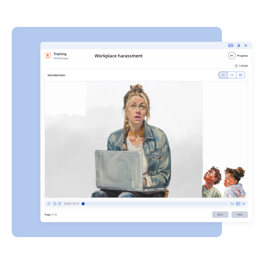 A computer screen shows a NAVEX Ethics & Compliance Training workplace harassment course video with a woman looking concerned in front of a laptop and two people talking in the corner.