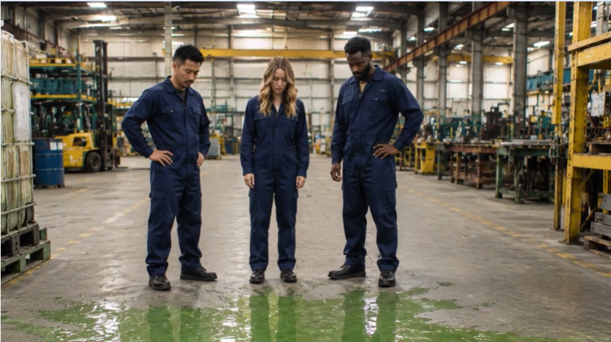 Three workers in blue coveralls stand in a factory, looking down at a large puddle of green liquid spilled on the floor.