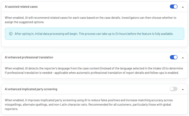 A settings panel with toggles for AI assisted related cases, AI enhanced professional translation, and AI enhanced implicated party screening, each with descriptions and one toggle switched on.
